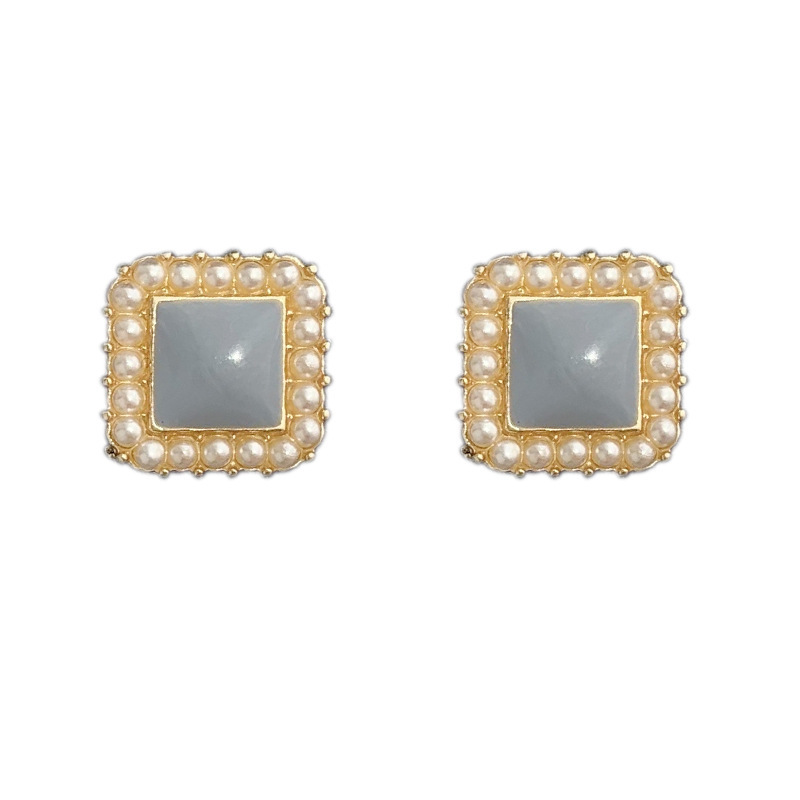 S925 Silver needle retro pearl square ear studs, a niche, sweet and gentle new trendy blue earrings cross-border supply Item Picture
