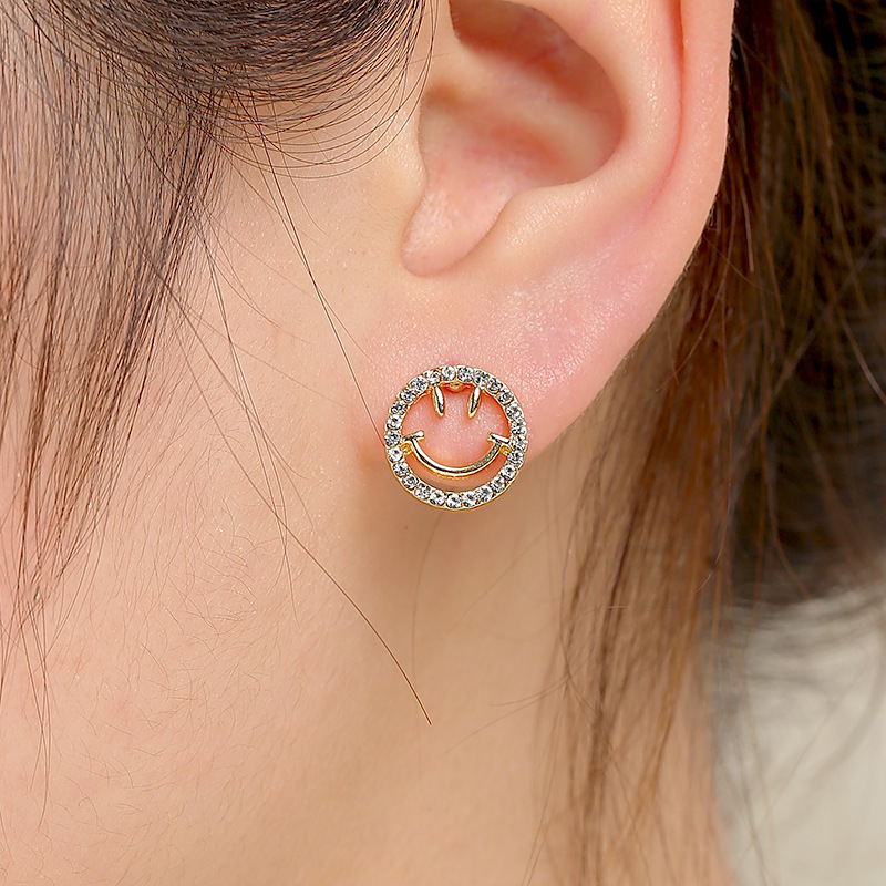 925 Silver Needle Smiley Face Stud Earrings, Korean style, hollowed-out and diamond-encrusted smile, delicate and small earrings, sweet and versatile earrings details Picture