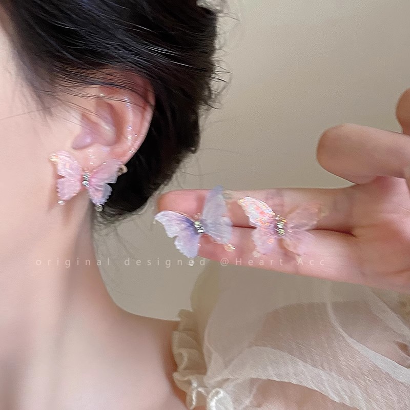 2025 New color butterfly silver needle stud earrings for women's spring, light luxury and high-end blue earrings, niche design earrings full figure
