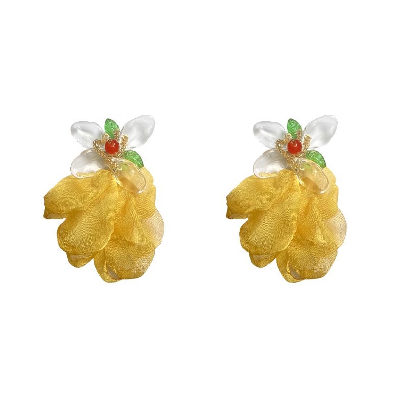 Vacation-style yellow flower fabric stud earrings for women, seaside colorful face-enhancing small earrings and pendants, exaggerated and personalized earrings Item Picture