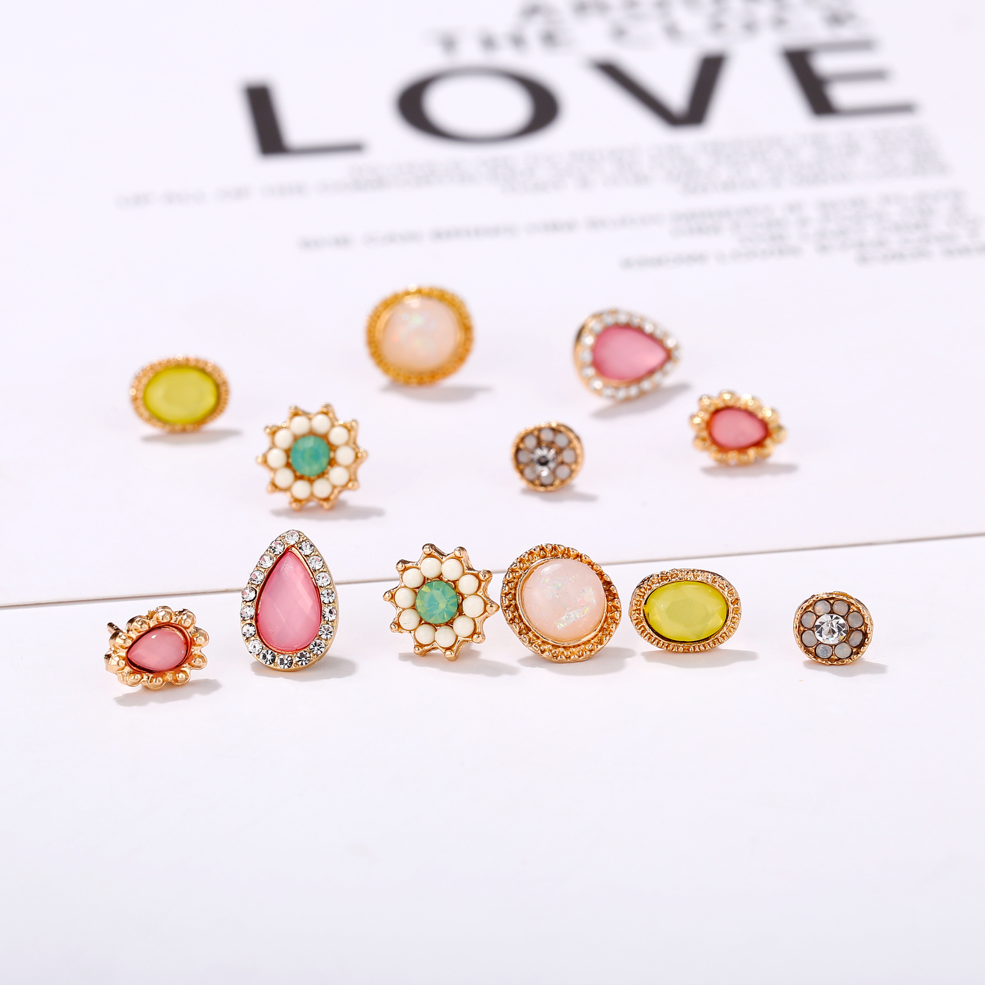 wish AliExpress multi-element water drop, water diamond, flower stud earrings, Aobao earrings multi-piece set details Picture