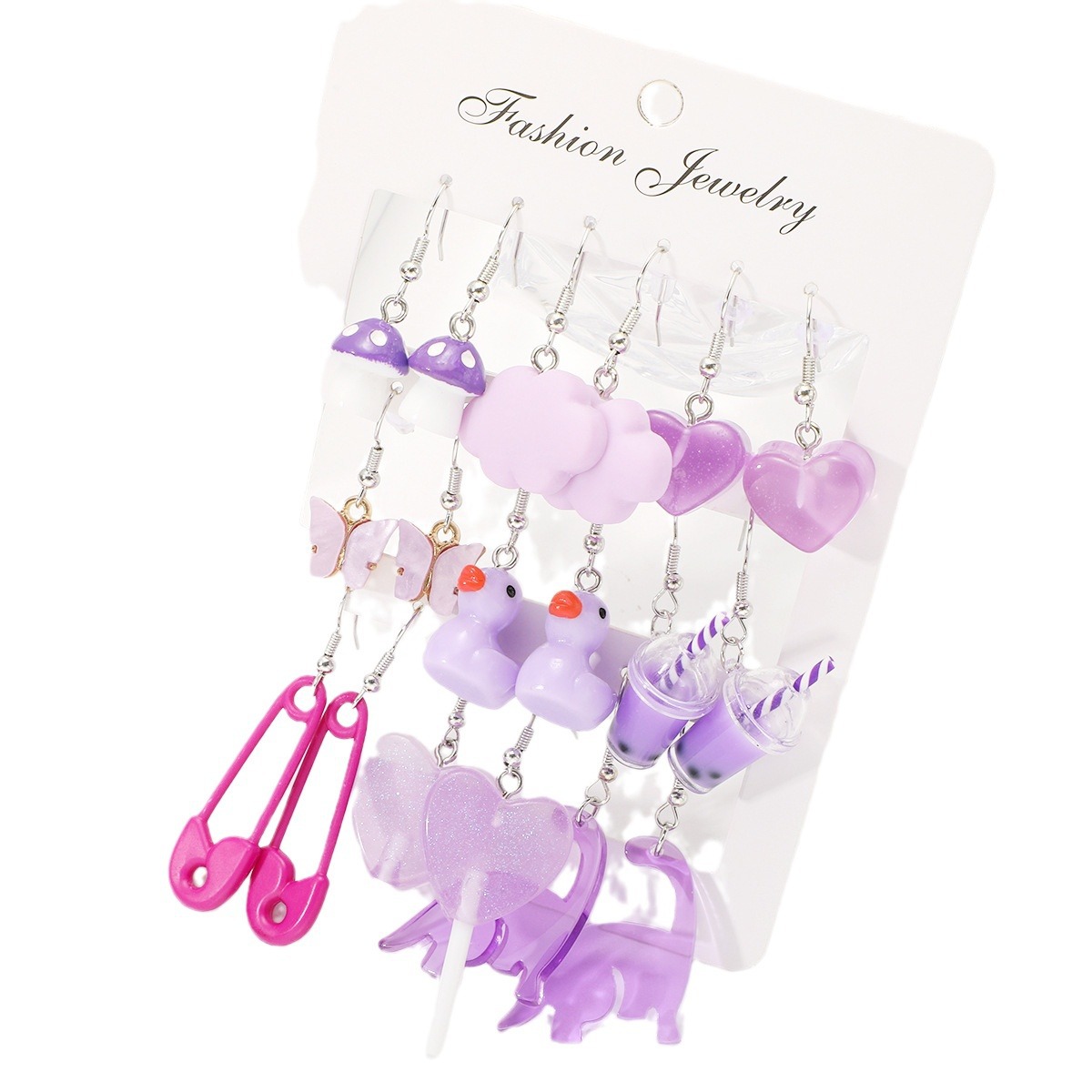 New cross-border purple mushroom milk tea butterfly heart earrings set of 12 pieces, pin lollipop duck earrings Item Picture