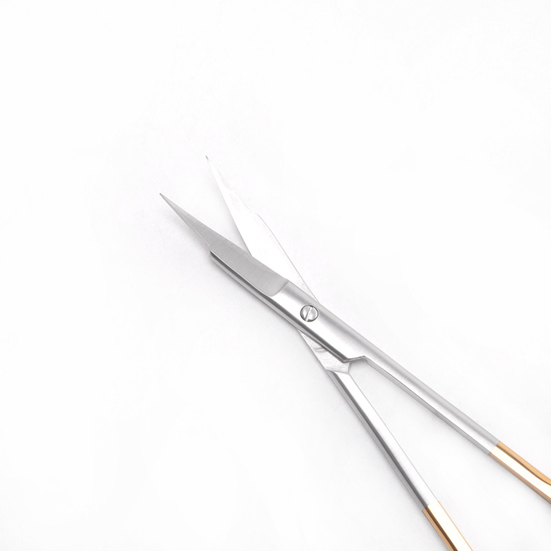 Stainless steel medical gold-handled scissors with inserts, straight and curved tips, surgical suture removal scissors, express double eyelid fine small scissors Specification drawing