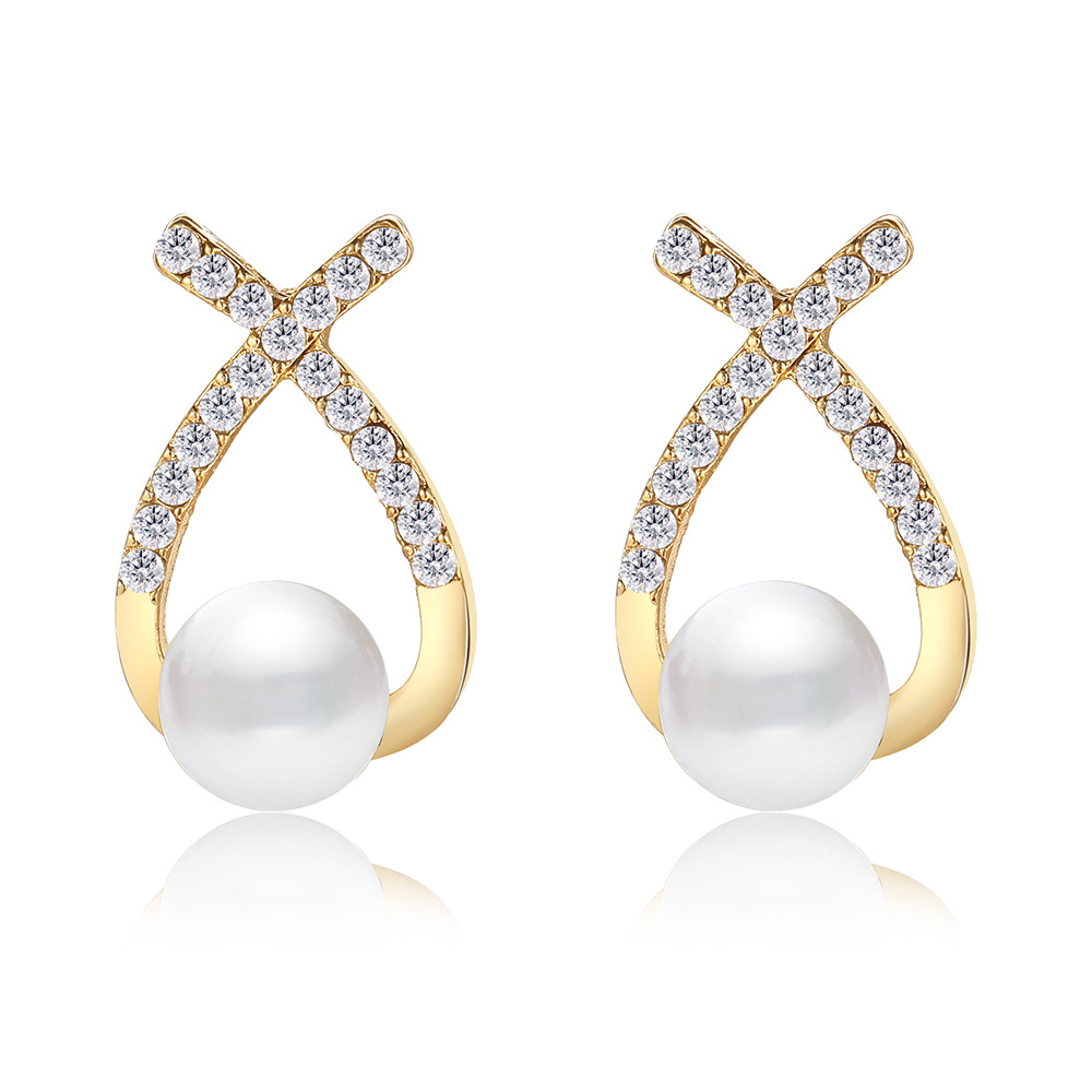 ins earrings: High-end, niche French retro pearl imitation earrings, creative, simple and elegant, with diamond-encrusted cross stud earrings Item Picture