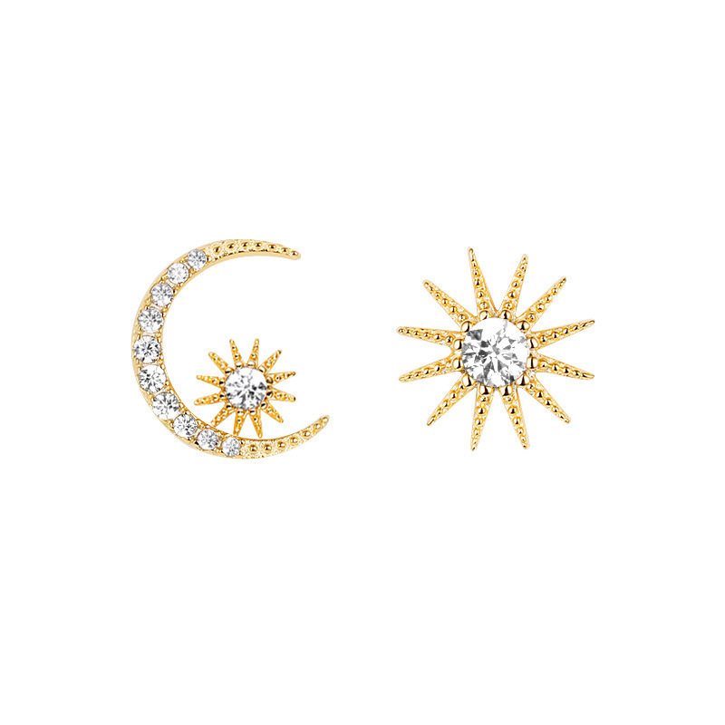S925 Silver Needle Sun Moon Star Korean Version Asymmetrical Stud Earrings Star Moon Stud Earrings for Women, Elegant style Item Picture