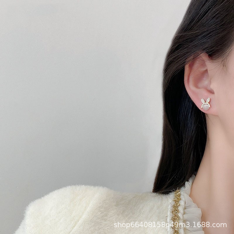 S925 Silver Needle New cat's eye stone ear Stud Rabbit Diamond set Korean-style fashionable and simple design women's earrings details Picture