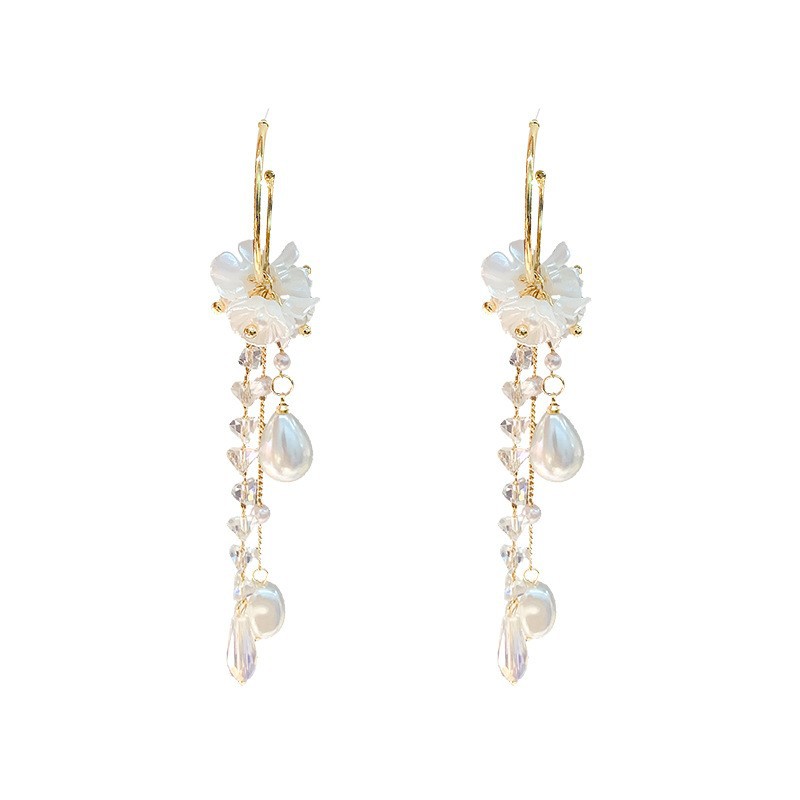 S925 Silver Needle Korean version Super Fairy Irregular pearl flower tassel earrings, exaggerated and fashionable, shining Zircon long chain earrings Item Picture