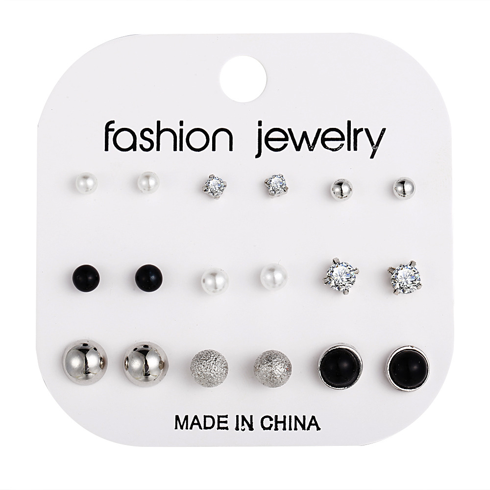 Wholesale of new cross-border ear stud sets of 9 pairs, creative, retro and simple artificial pearl black resin earrings from Europe and America Item Picture