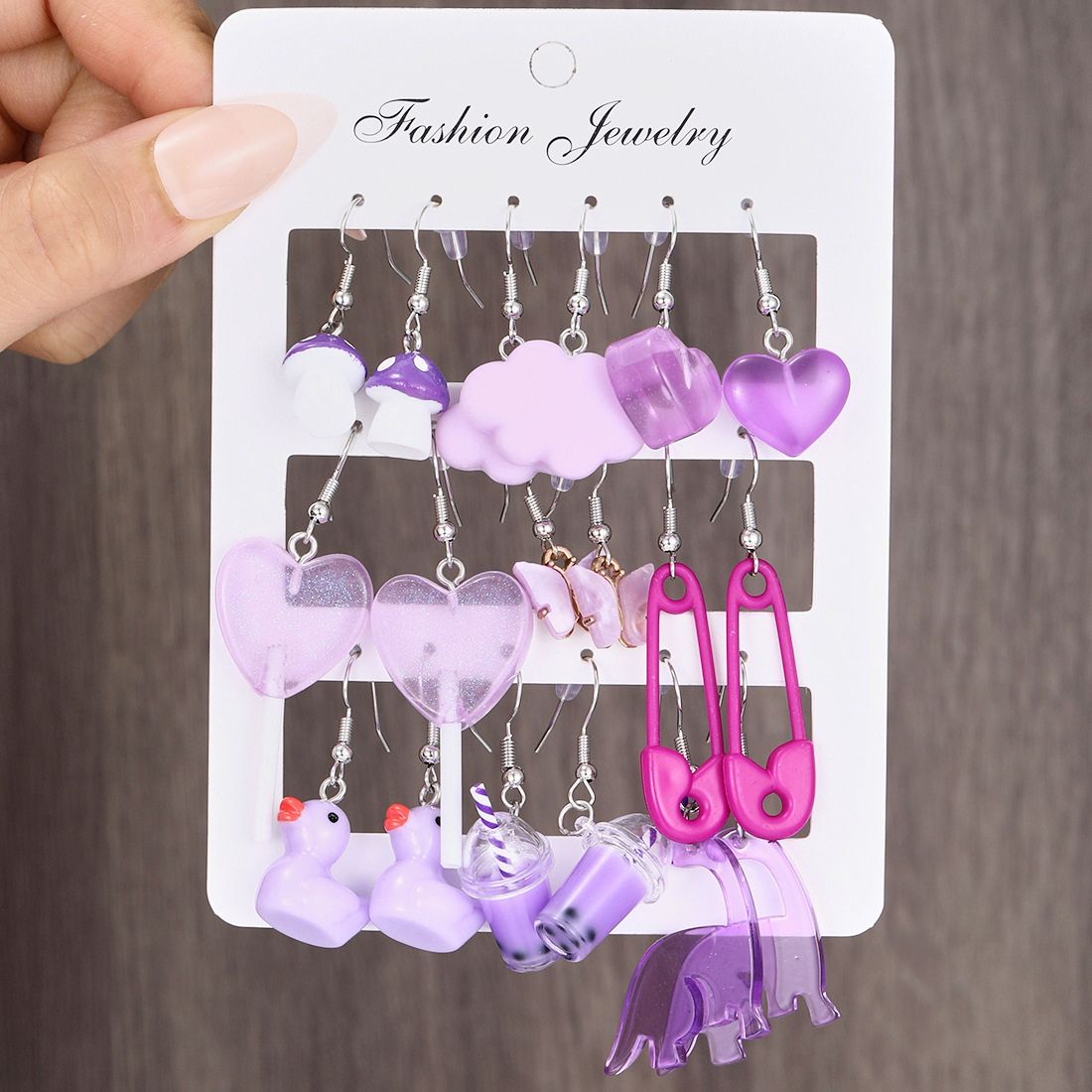 New cross-border purple mushroom milk tea butterfly heart earrings set of 12 pieces, pin lollipop duck earrings full figure