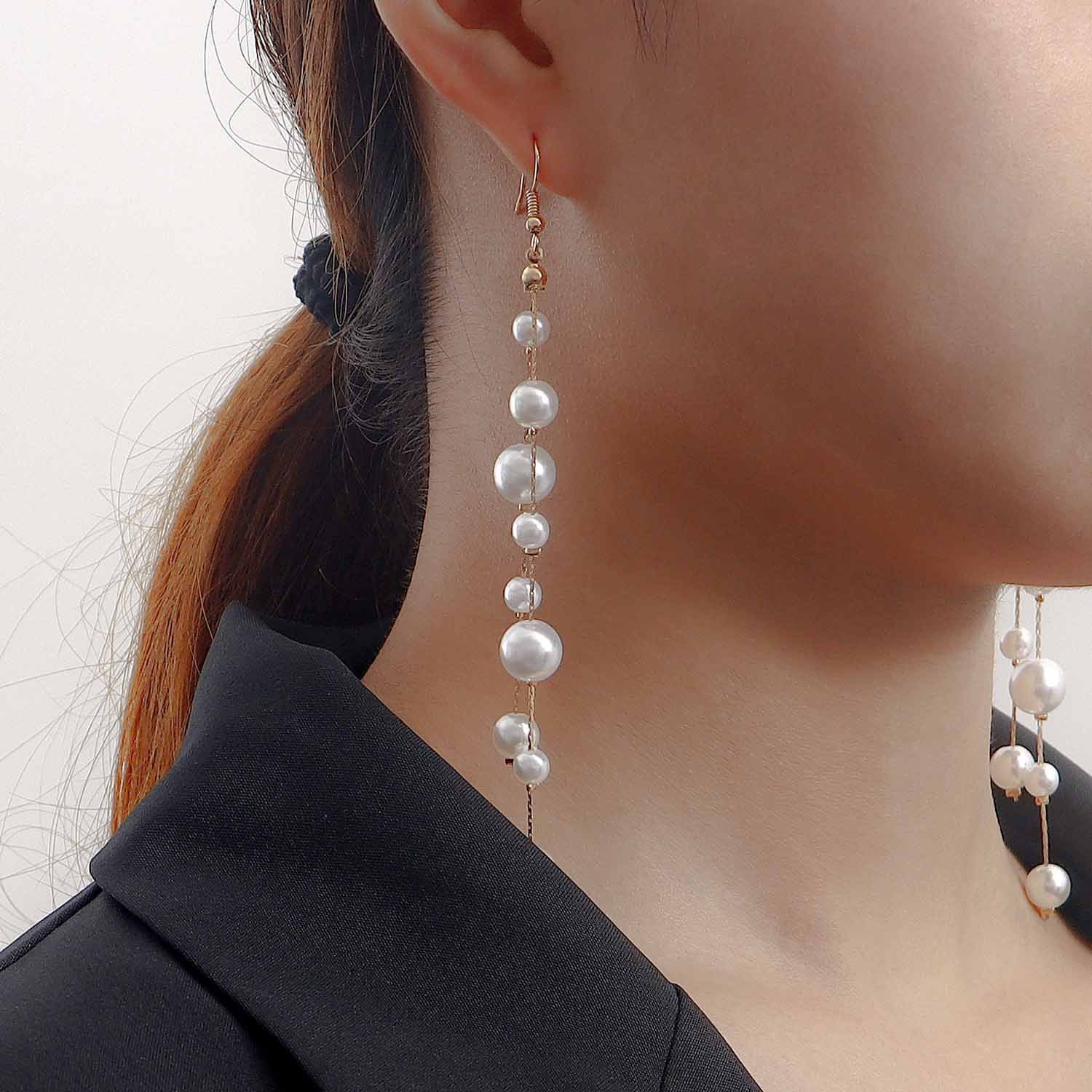 European and American cross-border jewelry, ins tassel imitation pearl pendant earrings, earrings, women's handcrafted geometric metal elegant ear hangers details Picture