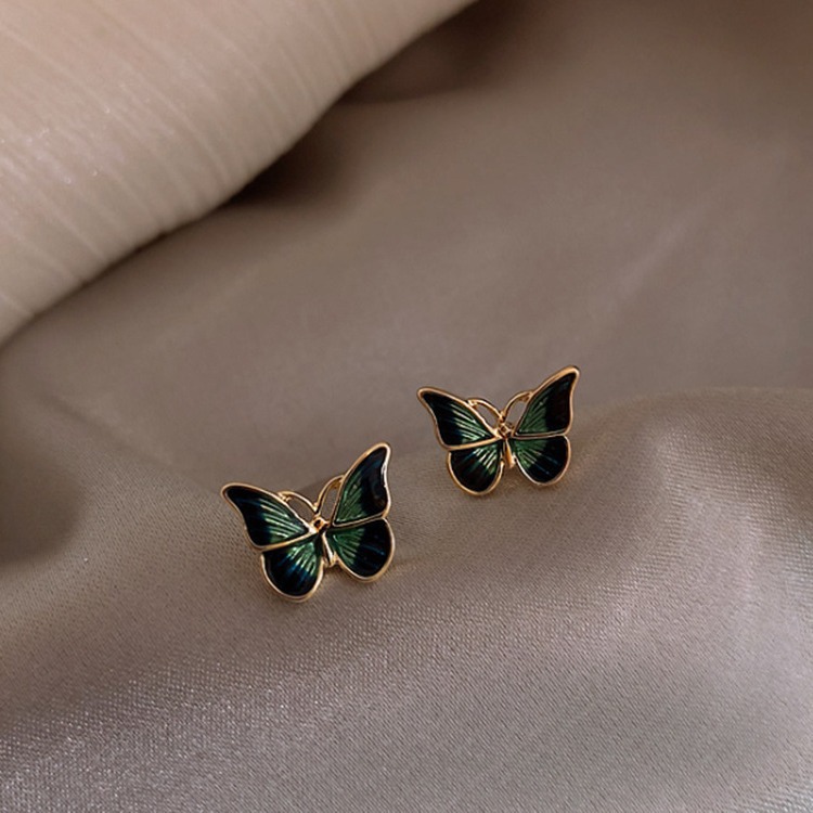 S925 Silver Needle green butterfly Earrings, trendy Korean-style stud earrings, retro, niche, simple and cold style earrings full figure
