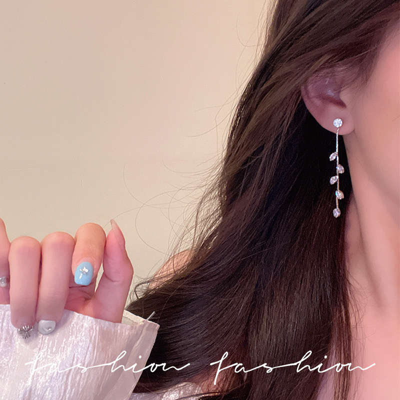 Korean micro-inlaid zircon style trendy earrings, long tassels, cold style, slimming face, simple earrings, stud earrings for women Application Scenario