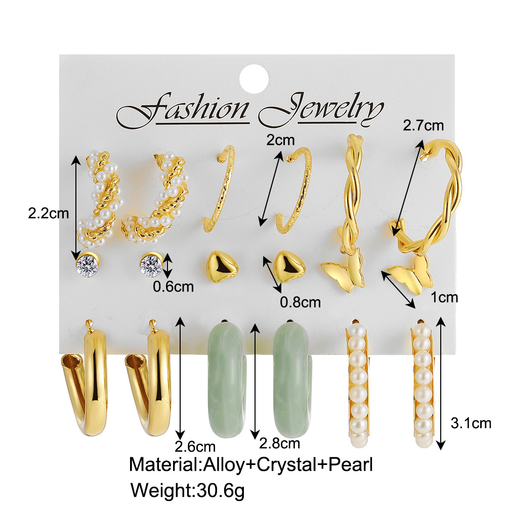 Cross-border acrylic C-shaped letter earrings, a retro inlaid imitation pearl earring set of 9 pieces, and creative twist ear loops details Picture