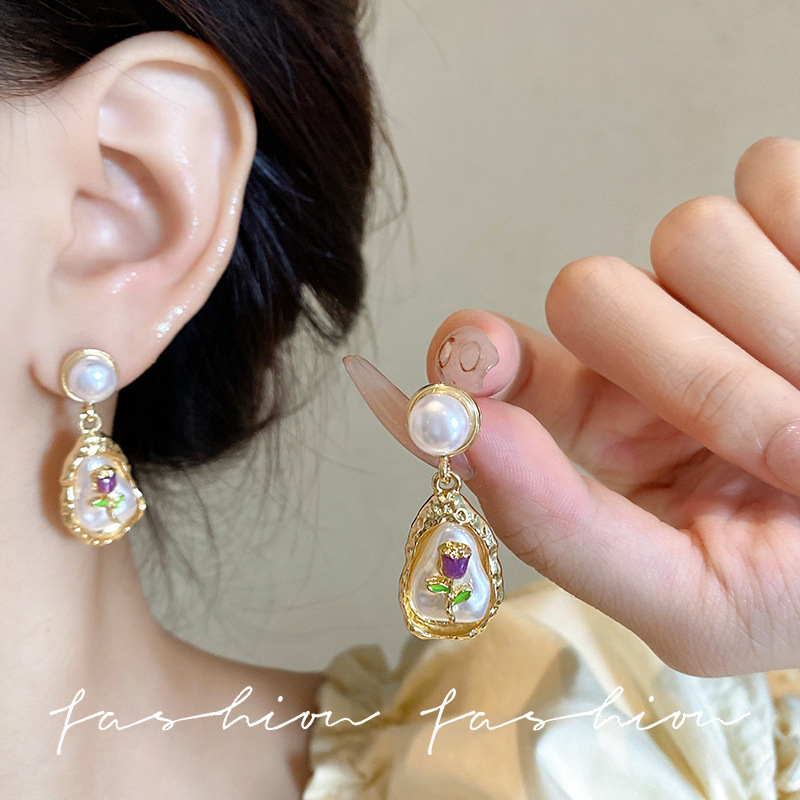 Monet's Garden Irregular Baroque pearl earrings, purple oil painting style stud earrings, women's niche retro gold earrings details Picture