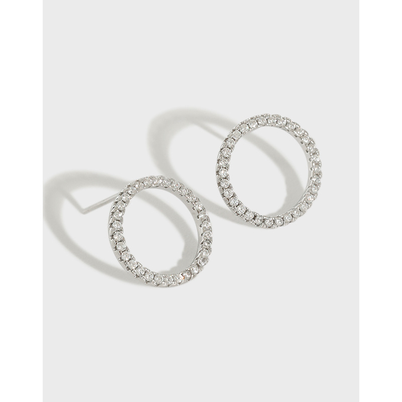 Korean version S925 silver needle full diamond perforated geometric circle circular ring Korean stud earrings full figure