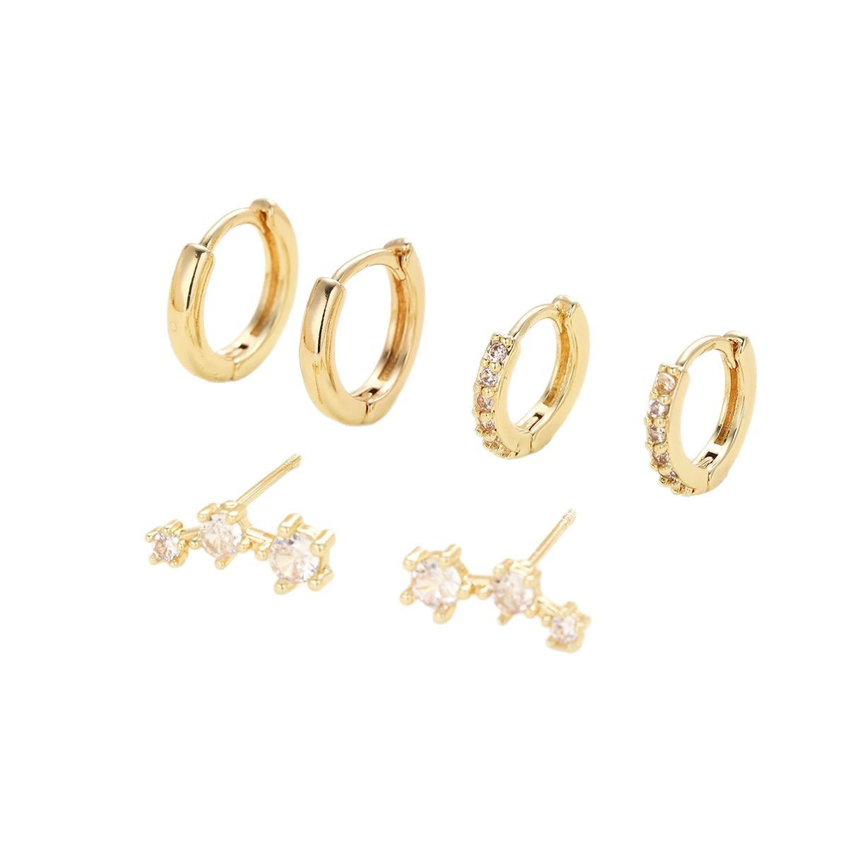 Amazon's new zircon copper-plated real gold earrings 3-piece set with stud earrings, a light luxury and high-end women's ear accessory wholesale in Yiwu Item Picture