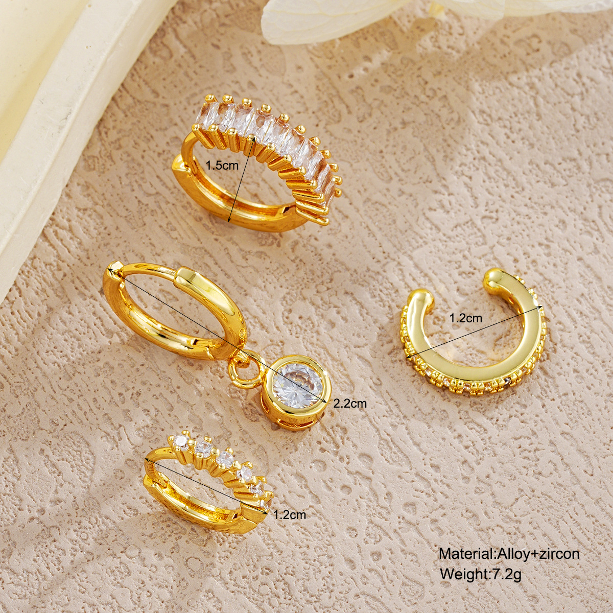 New cross-border European and American semi-managed zircon copper earrings 4-piece set/One light luxury and high-end creative women's earrings accessory Specification drawing
