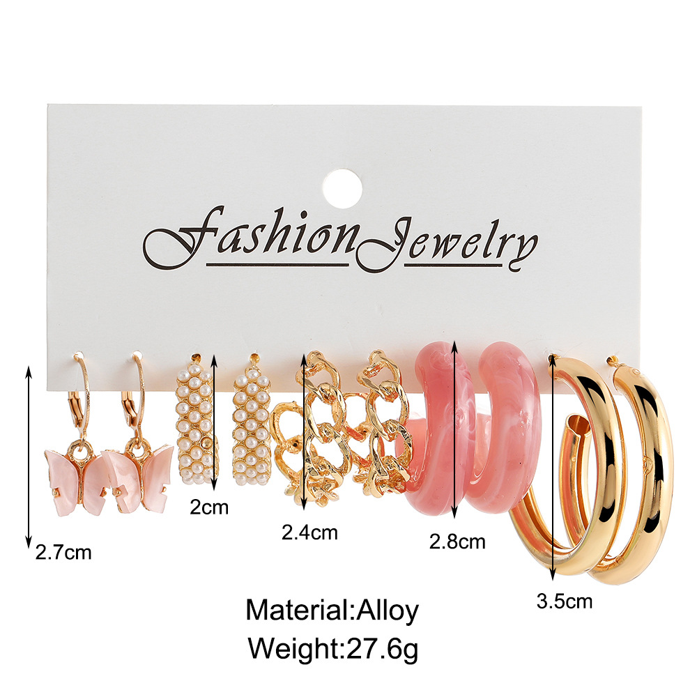 Creative and simple pink acrylic C-shaped chain earrings, a new cross-border pearl butterfly earring set of 5 pieces details Picture
