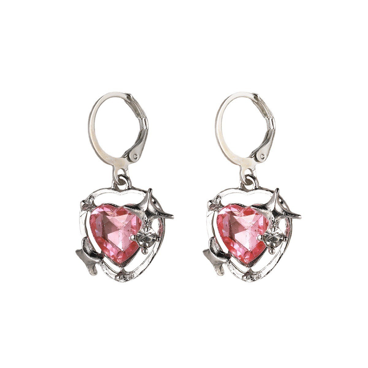 Starlight hollowed-out pink zirconium heart-shaped high-end light luxury ear buckles sweet and cool Barbie pink heart-shaped zirconium pendant earrings Item Picture