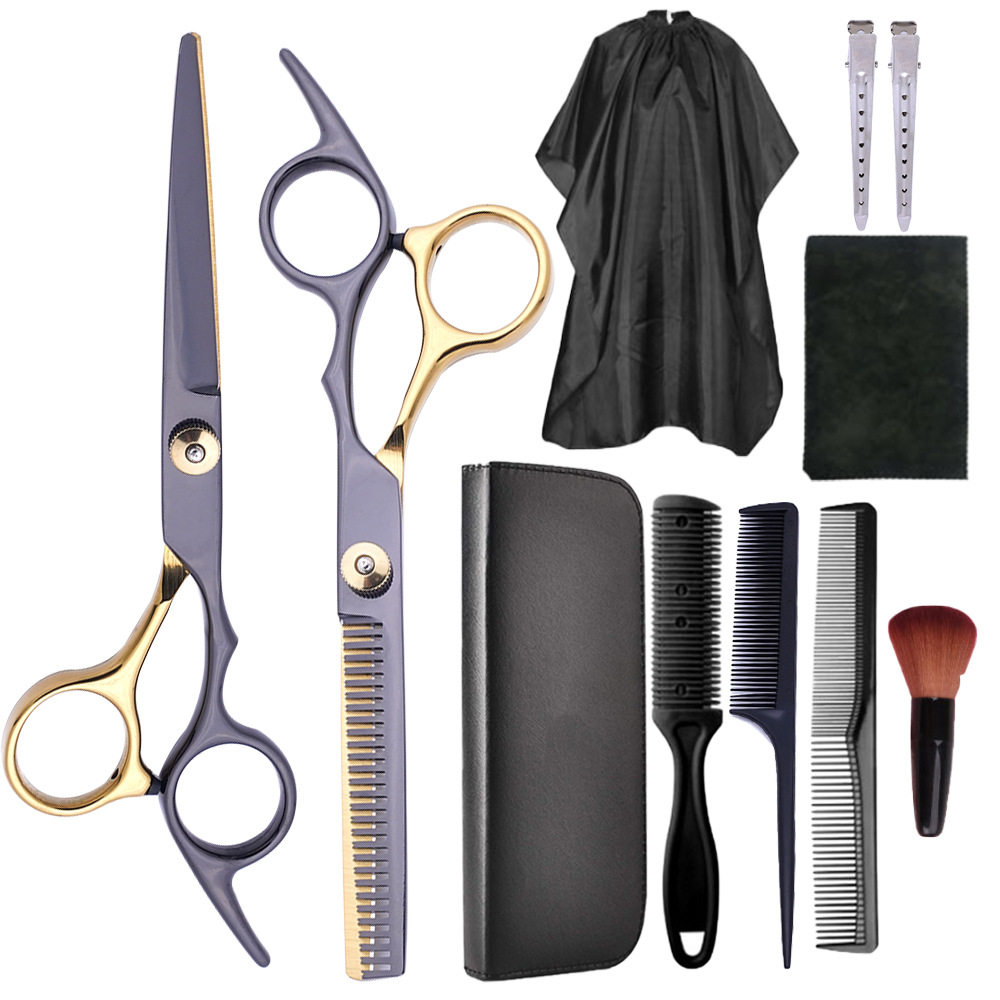 Factory direct sales of black gold hairdressing scissors, special flat scissors for hair care, thin and broken hair clippers, and household hairdressing scissors sets Specification drawing