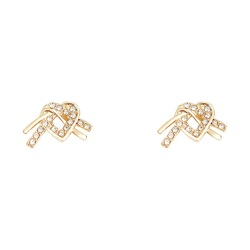 Korean simple and individual knotted heart-shaped earrings with diamonds, small, versatile and fashionable design stud earrings Item Picture