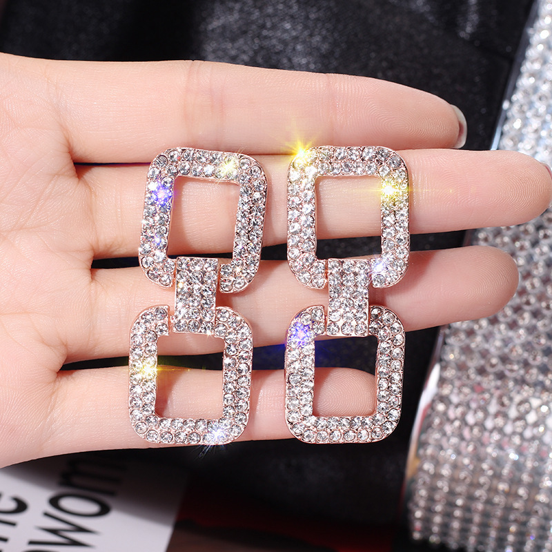 S925 Silver needle European and American exaggerated full diamond geometric rectangular personalized earrings, simple and elegant long earrings and earrings for women full figure