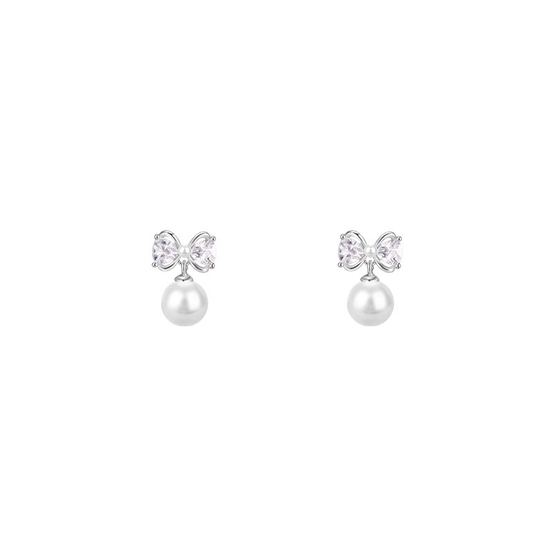 Bow-shaped pearl zircon stud earrings for women, a light luxury, fashionable and high-end look. They are exquisite, simple, versatile and sweet earrings Item Picture