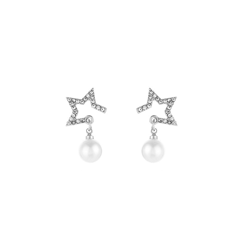 925 Silver Needle Korean five-pointed star pearl pendant, versatile and elegant female Internet celebrity stud earrings Item Picture