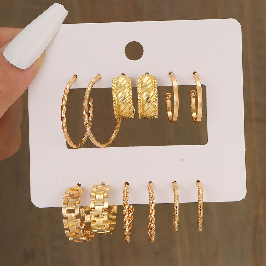 Wholesale of 6-piece cross-border new ins creative and simple C-shaped chain hollowed-out earrings with European and American metal ear rings full figure