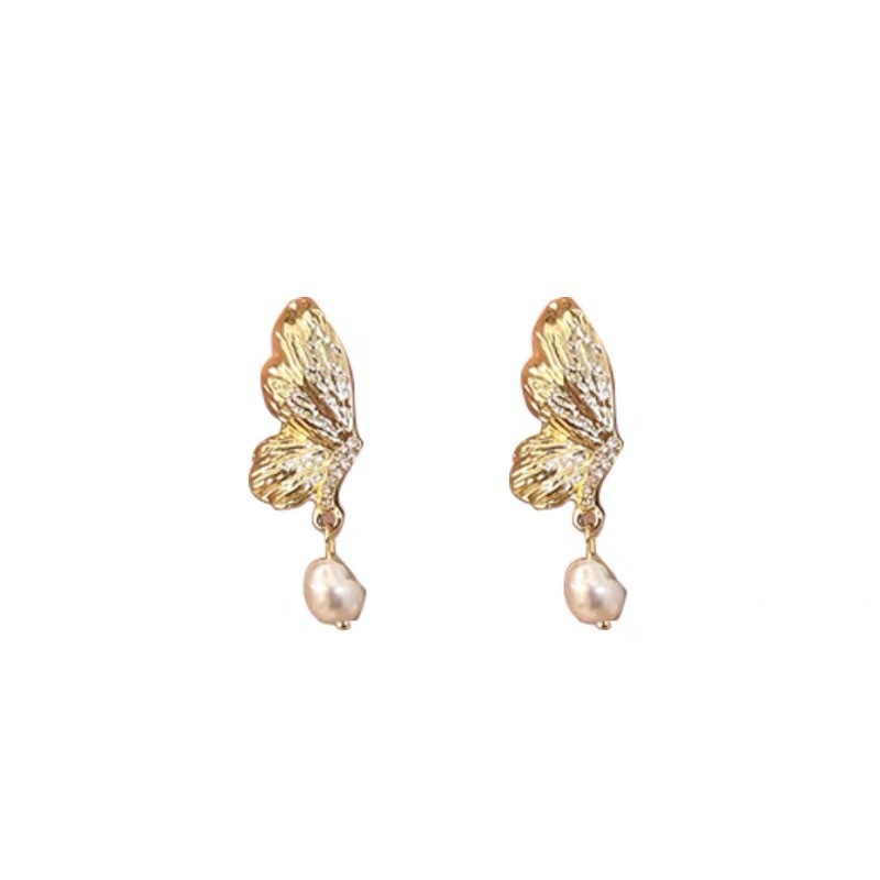 French-style micro-inlay butterfly wing pearl earrings, women's niche light luxury design, high-end ear studs, retro earrings wholesale Item Picture