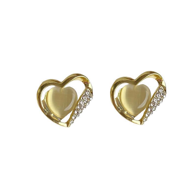 S925 Silver Needle, simple and elegant cat's eye heart-shaped earrings, slimming for round faces, fashionable and individual stud earrings with diamonds Item Picture