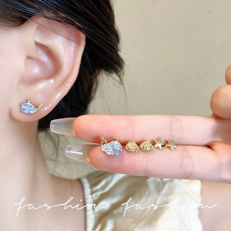 Silver needle Korean-style butterfly stud earrings, fresh, sweet and cute flower earrings, elegant zircon six-piece set of earrings details Picture