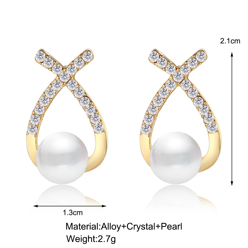 ins earrings: High-end, niche French retro pearl imitation earrings, creative, simple and elegant, with diamond-encrusted cross stud earrings details Picture