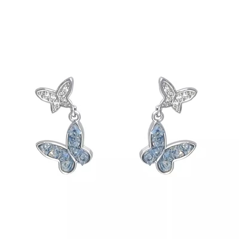 Crystal blue butterfly earrings S952, silver needle, niche design, fresh and elegant, tassel butterfly earrings make the face slimmer Item Picture