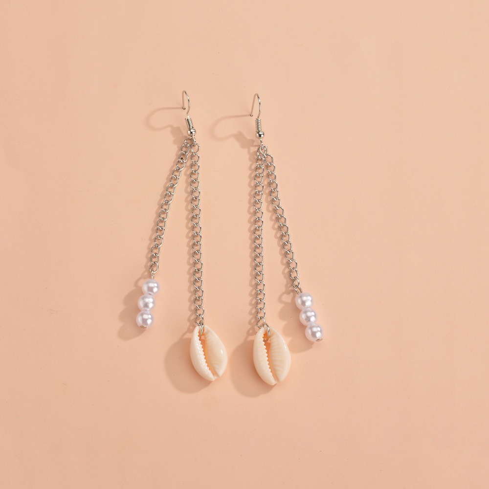 Wholesale of European and American personalized and fashionable shell pendants, pearl tassels and alloy earrings for women Specification drawing