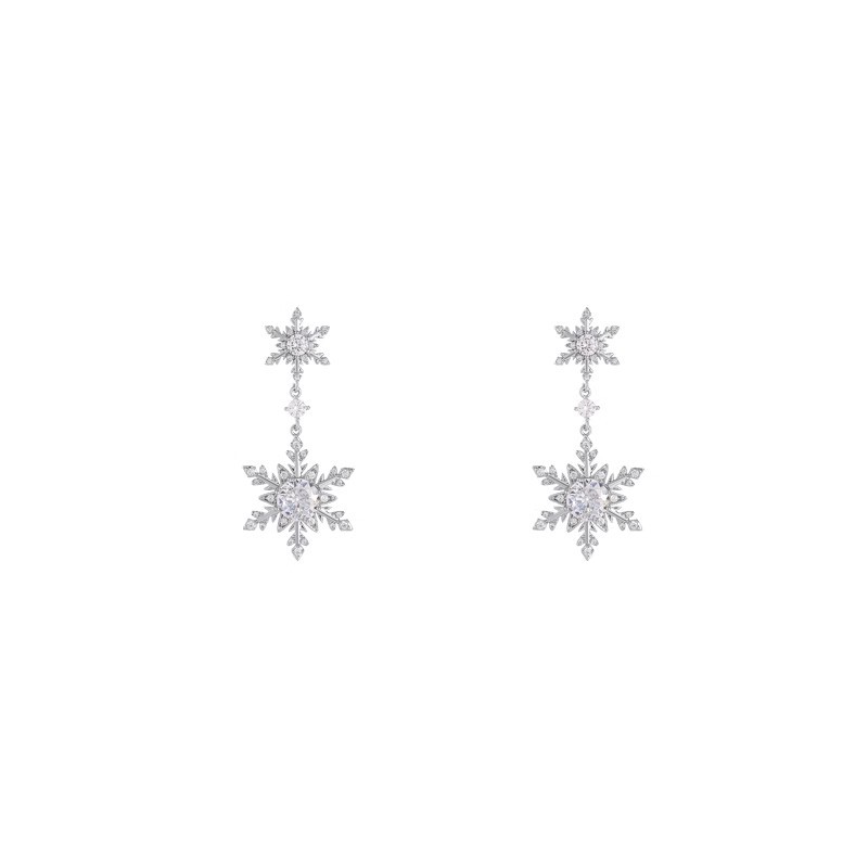 Autumn and winter Sparkling Zircon double snowflake stud tassels slimming face slimming earrings for women, a light luxury and high-end look, elegant and sophisticated earrings for a socialite Item Picture