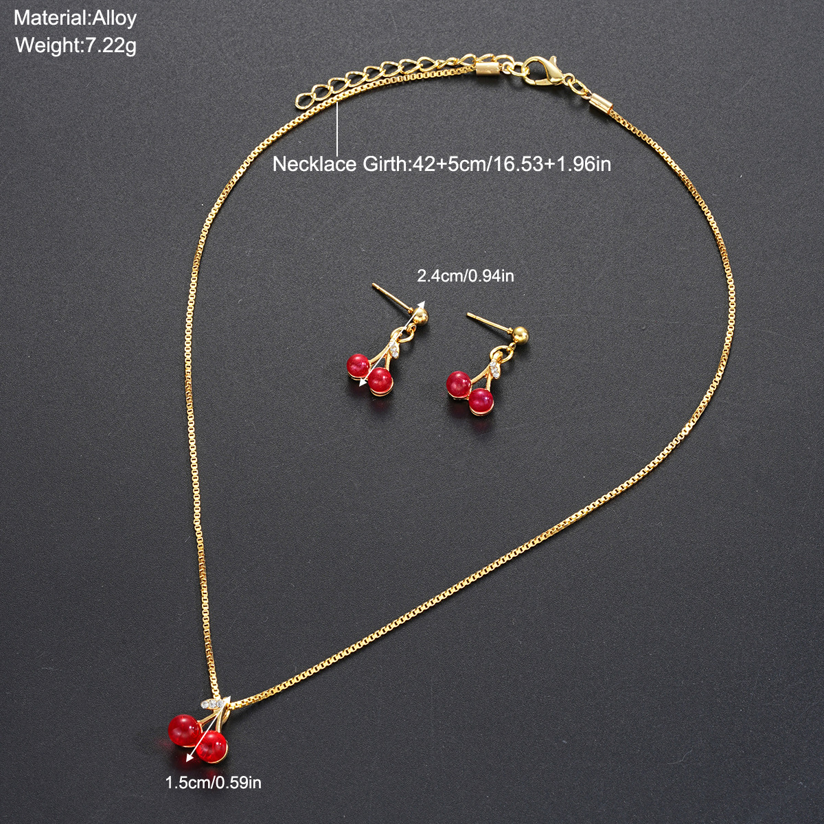 New cross-border best-selling, high-end, creative and cute cherry earrings and necklace set, light luxury and niche box chain accessories details Picture