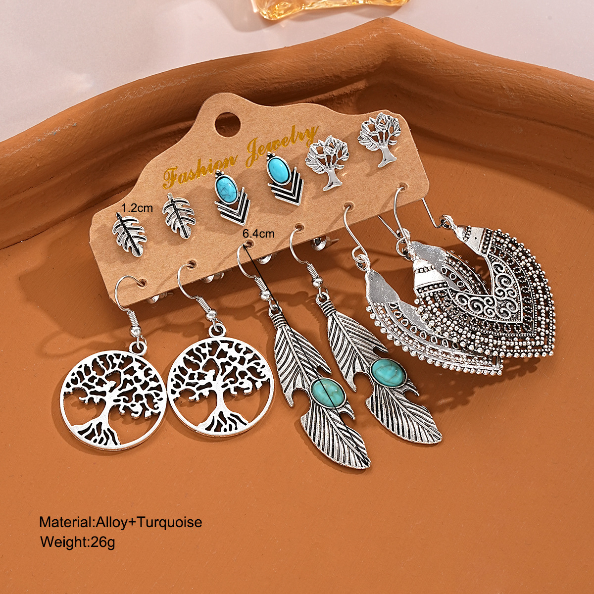 A set of 6-piece cross-border Bohemian-style turquoise carved earrings for women, featuring a retro and individualistic style details Picture