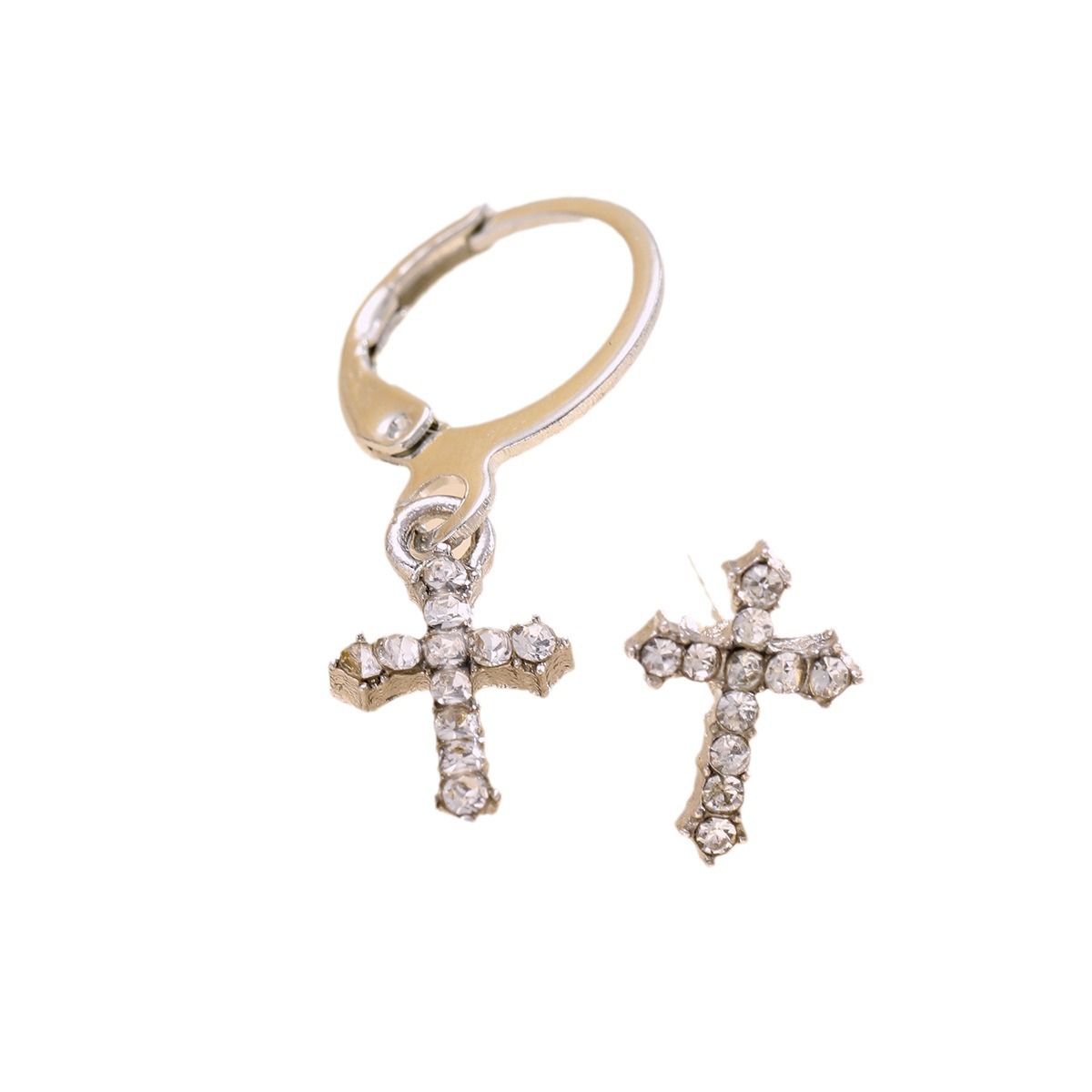 European and American cross-border full-diamond cross stud earrings, punk style single-ear exaggerated, fashionable and individual diamond-encrusted asymmetrical earrings Item Picture