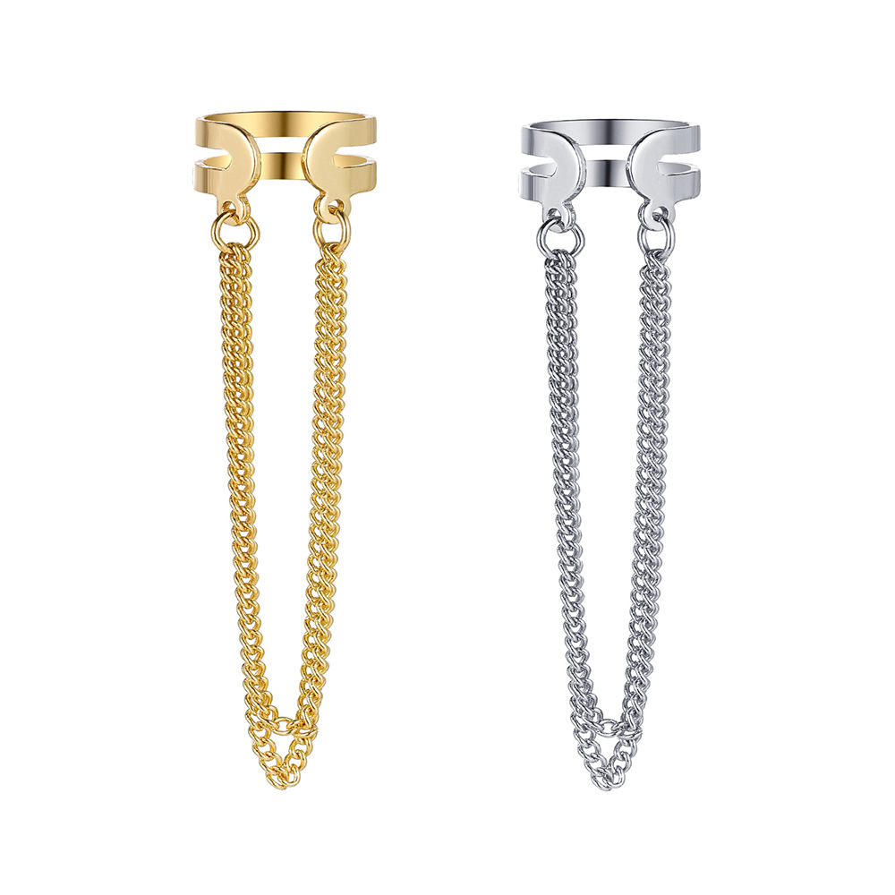 New personalized double-layer metal chain tassel earrings from Europe and America, creative and niche hip-hop style, no ear piercings, ear bone clips Item Picture