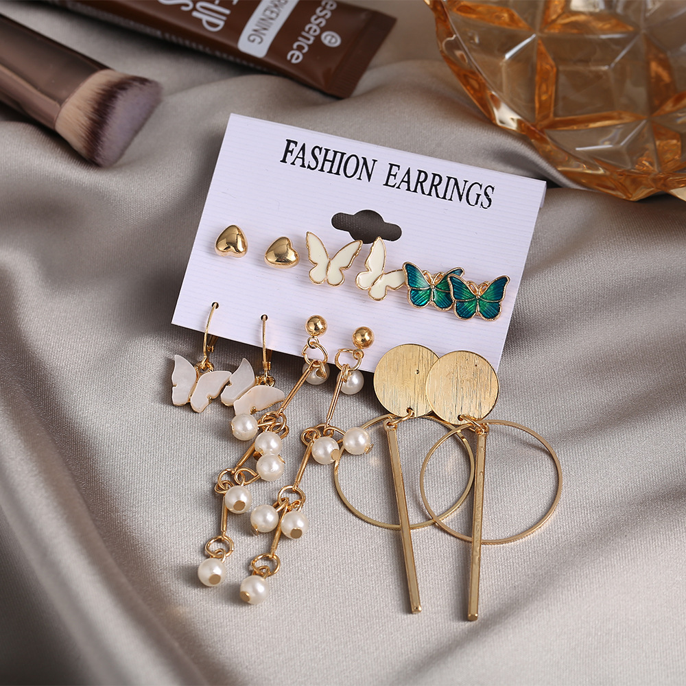 52198 New European and American cross-border circular tassel Earrings, creative butterfly Imitation Pearl Earrings Set of 6 pieces Application Scenario