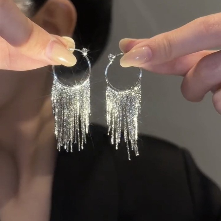 Metal cold style exaggerated tassel earrings, European and American design sense fashionable retro earrings, individual light luxury long earrings full figure