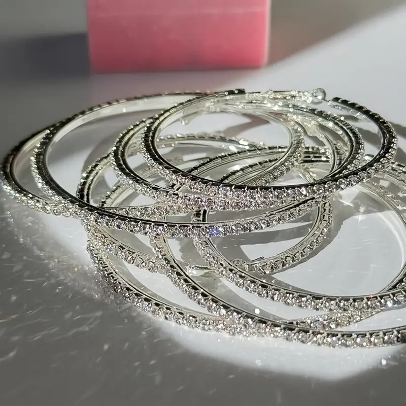European and American fashionable shiny earrings, high-end, creative and simple with rhinestones, exaggerated large, medium and small ring ear rings 3 pairs full figure