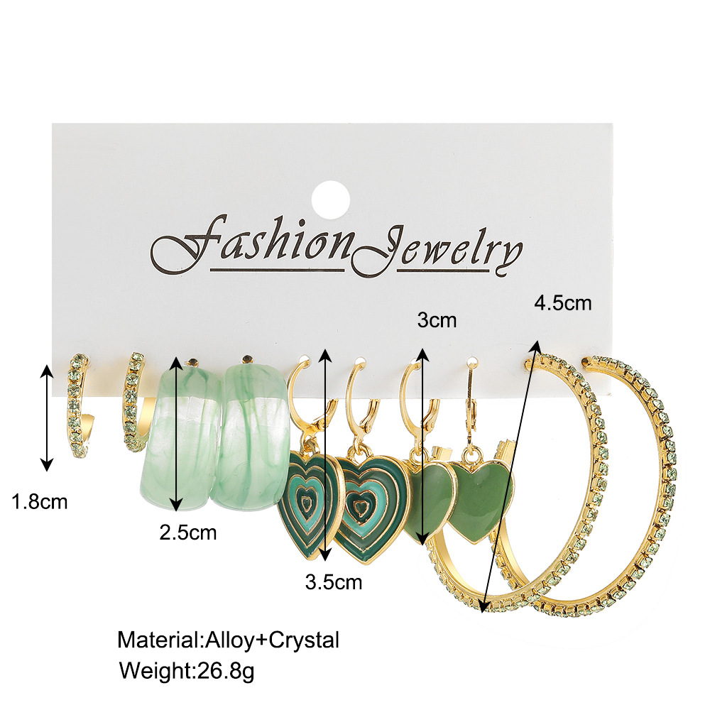 Creative green oil-dripping heart-shaped pendant earring set of 5 pieces, acetic acid ear ring with water diamond C-shaped earrings wholesale Specification drawing