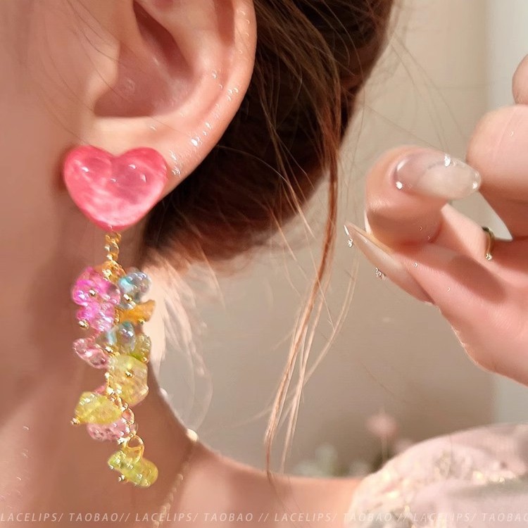 Spring and Summer colorful heart-shaped crystal tassel earrings for women, a high-end 2025 new bestseller stud earrings, seaside vacation earrings details Picture