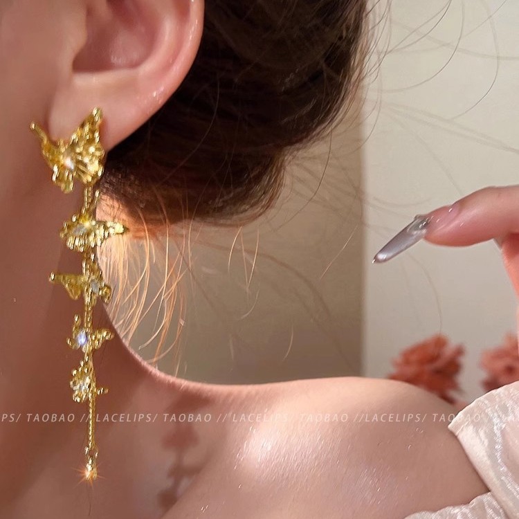 Light luxury metal butterfly rear-hanging tassel stud earrings for women, exaggerated earrings, vacation style, unique and high-end feel, earrings and earrings details Picture