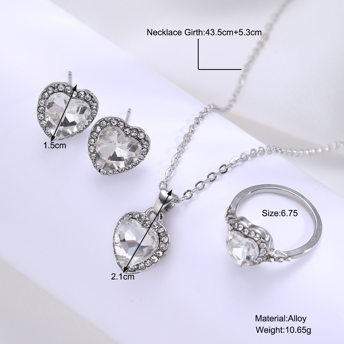 A new cross-border minimalist and cold style zircon heart-shaped earrings, rings, necklace sets, and diamond jewelry for women details Picture