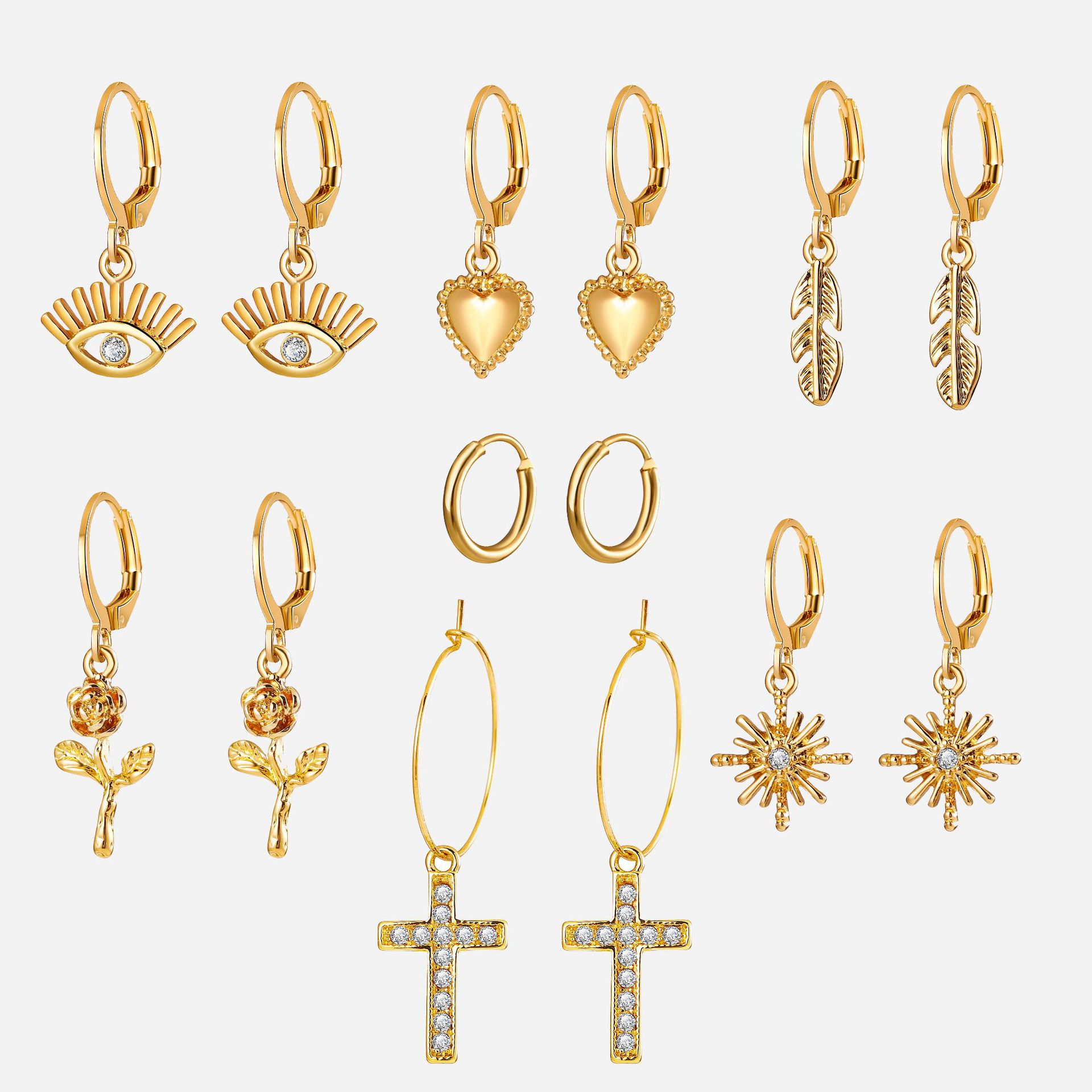 A 7-piece set of cross-border European and American creative InS-style personalized heart-shaped ear rings, tulip cross leaf earrings full figure