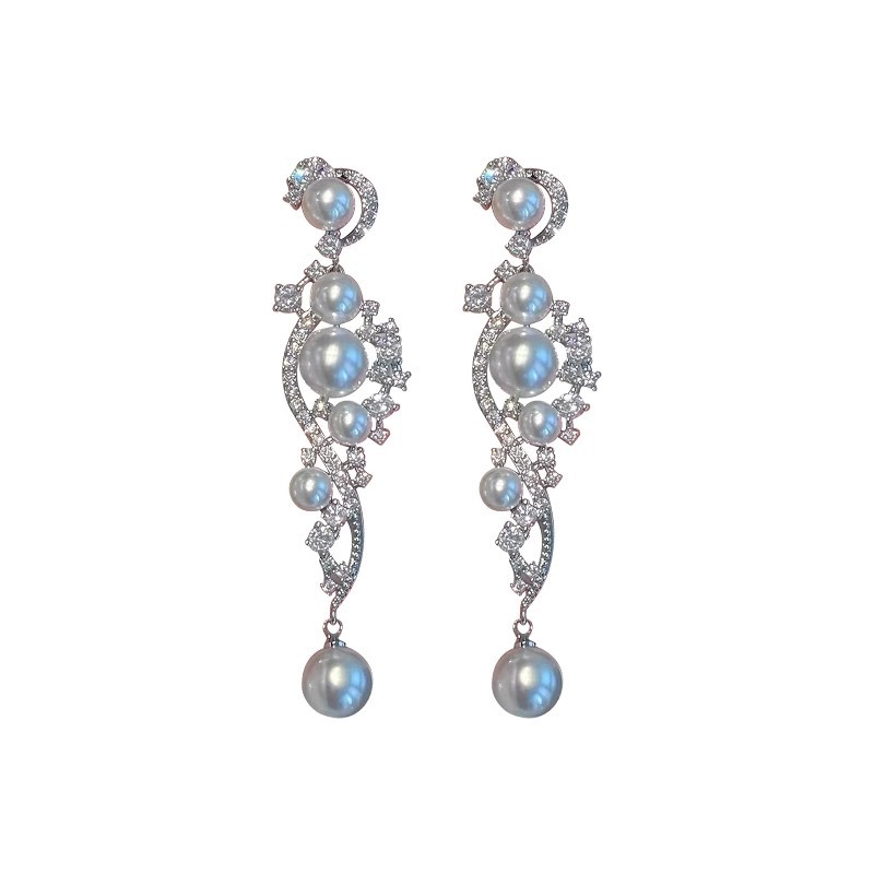 French super sparkling pearl earrings, women's light luxury, niche design sense, high-end temperament, stud earrings, long tassels, retro earrings Item Picture
