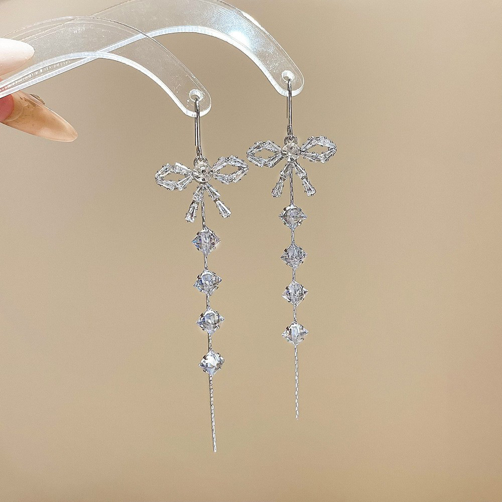 Super fairy bow tassel zircon earrings for women 2025 New bestseller Stud earrings, niche high-end ear hook earrings full figure